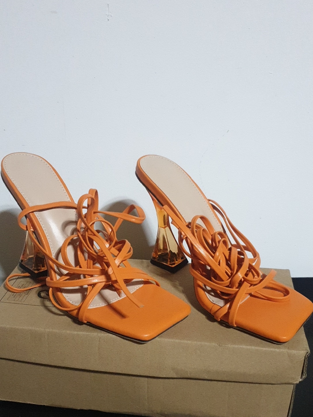 Women's Strappy Orange Mule Heels with Transparent Block Heel